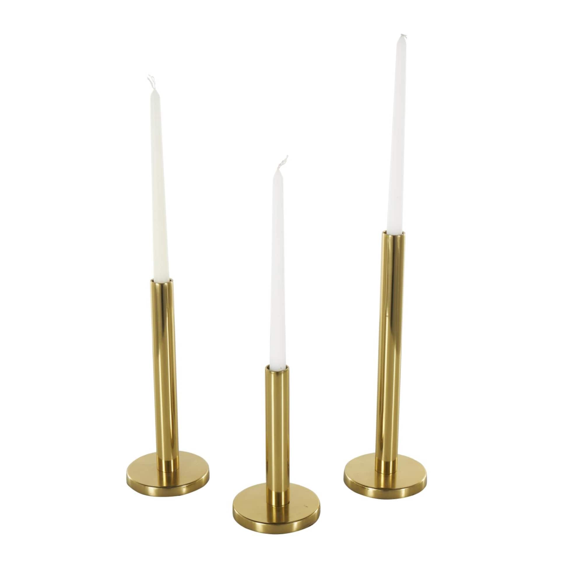 Gold Stainless Steel Metal Slim Minimalistic Candle Holder with Round Base Set